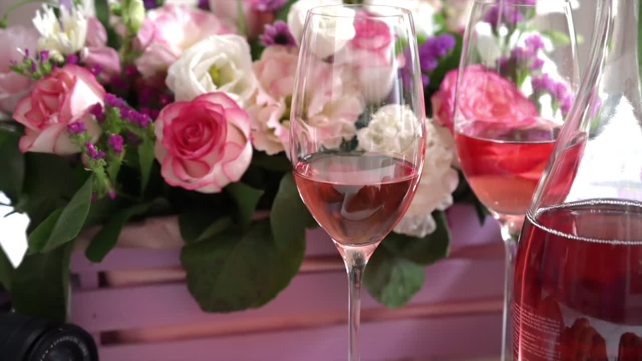 Close up of croissants and glasses of rose on a table with a pink basket of flowers