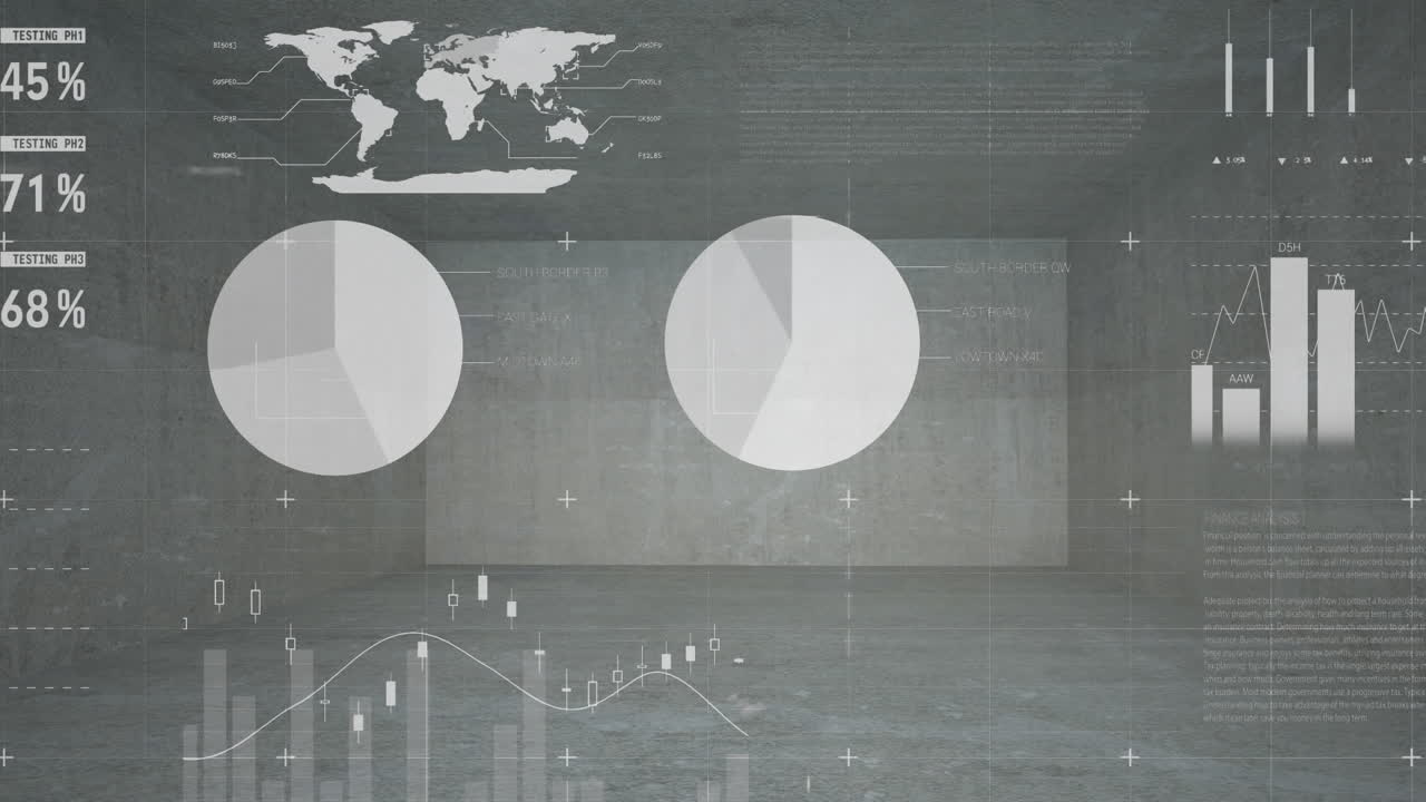 animación de estadísticas y procesamiento de datos en una oficina vacía