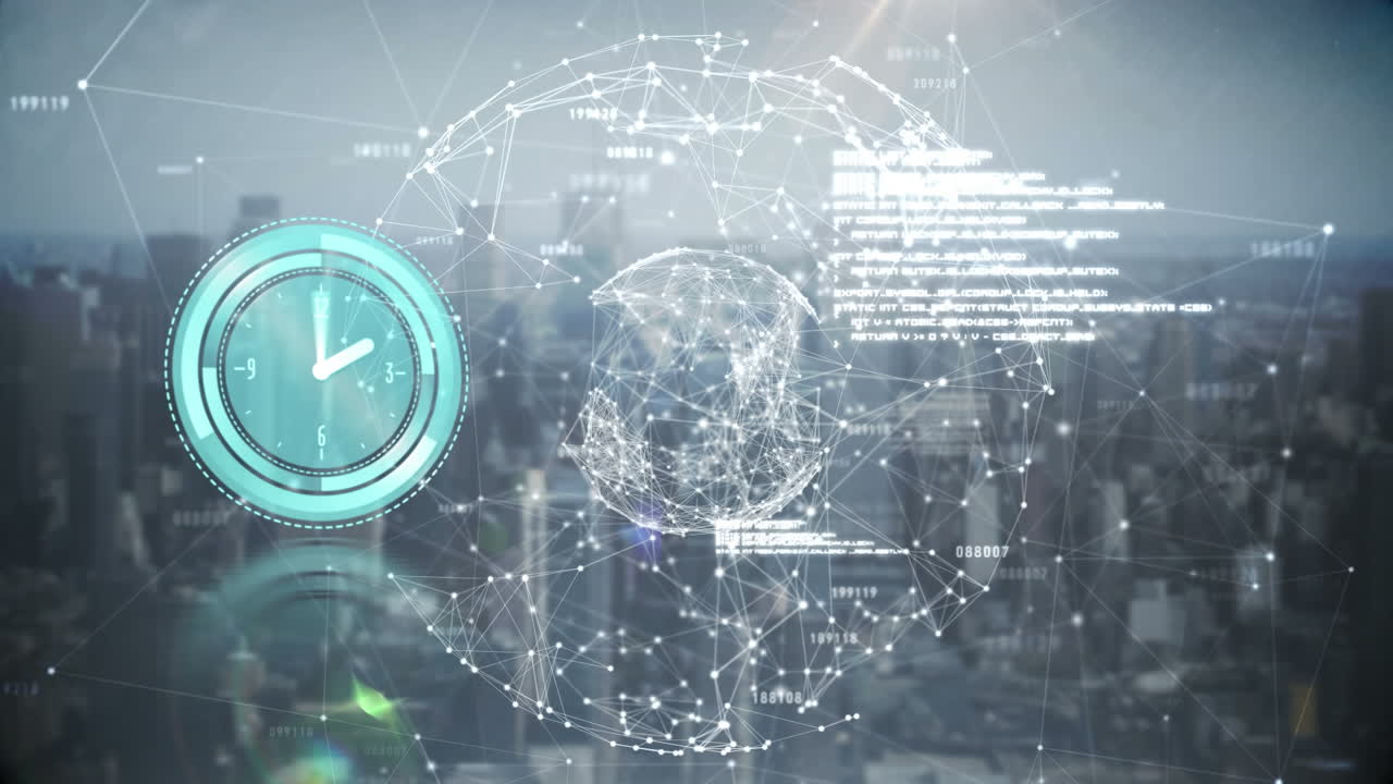 Animasjon av digitalt grensesnitt med klokke over bylandskap