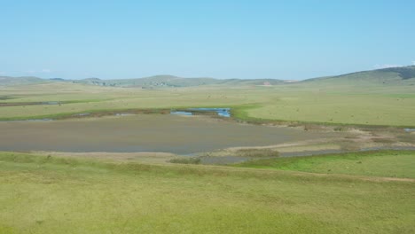 Panorama-Of-Greenery-Meadows-With-Swamps-On-A-Calm-Sunny-Day