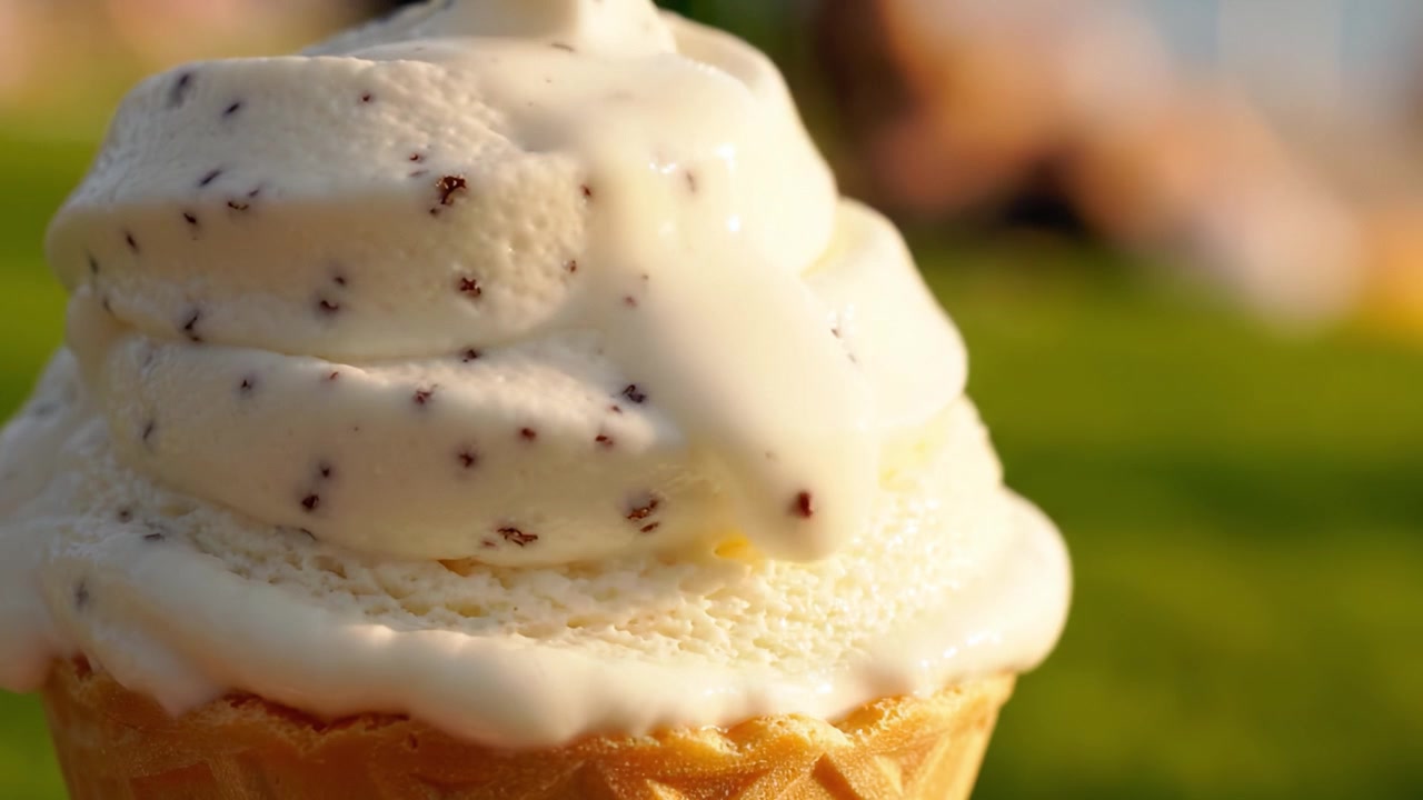 Deliziosi vortici di gelato alla vaniglia: Un primo piano invitante di consistenza cremosa e scaglie di cioccolato servito in un cono croccante sotto il sole caldo.