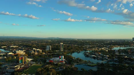 Sunrise-on-the-Gold-Coast,-looking-out-across-the-hinterland,-fluffy-white-clouds