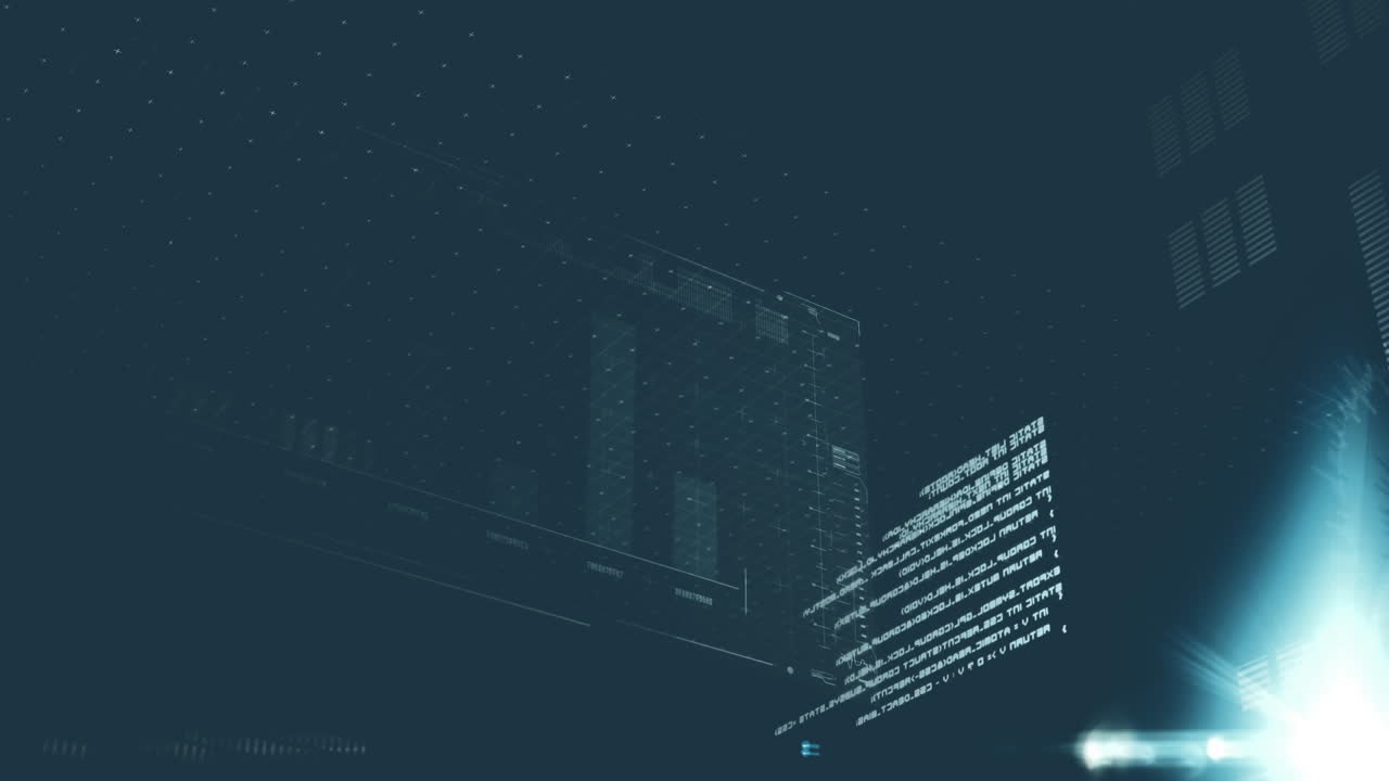 Animation of digital data processing over dark background