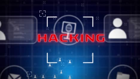 animación de texto de hacking, iconos y procesamiento de datos