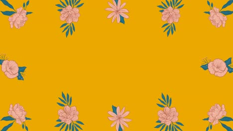 Animation-Von-Blumen,-Die-Sich-In-Hypnotischer-Bewegung-Bewegen,-Mit-Kopierraum-Auf-Orangefarbenem-Hintergrund