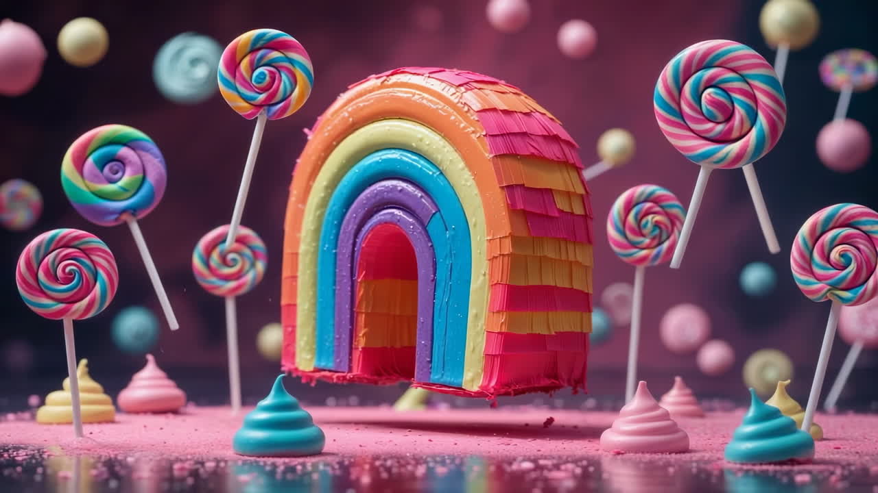 A vibrant and whimsical scene filled with colorful lollipops and a rainbow-shaped candy structure on a pink sugary surface