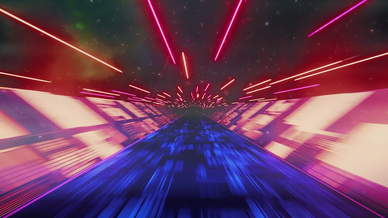 autopista de neón interestelar en el espacio exterior con circuito como patrón y hiper velocidad salta bucle sin fisuras. nubes animadas, estrellas y tubos de neón en el cielo de fondo