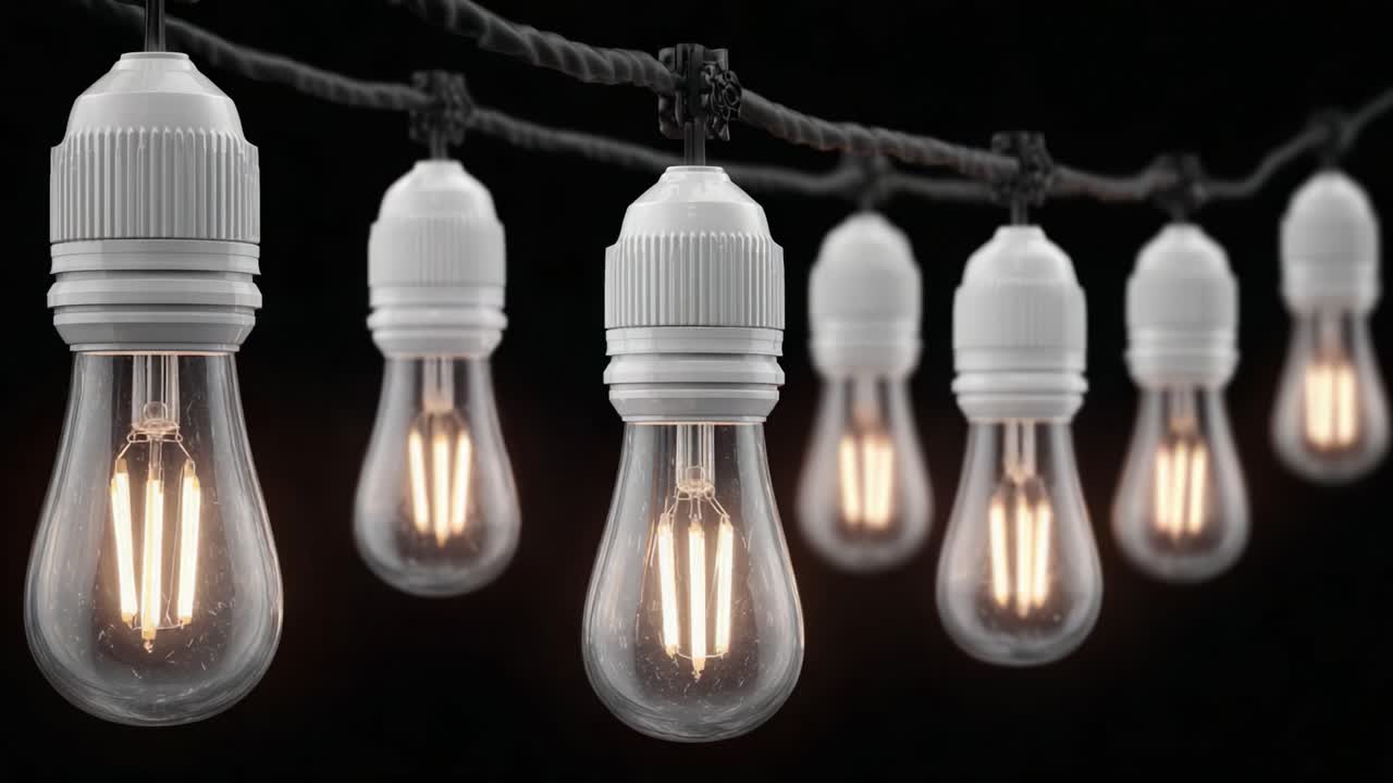 A Close-Up Journey Through the Warm Glow of Vintage Light Bulbs Hanging Elegantly, Casting a Cozy, Inviting Ambiance in a Dark Setting