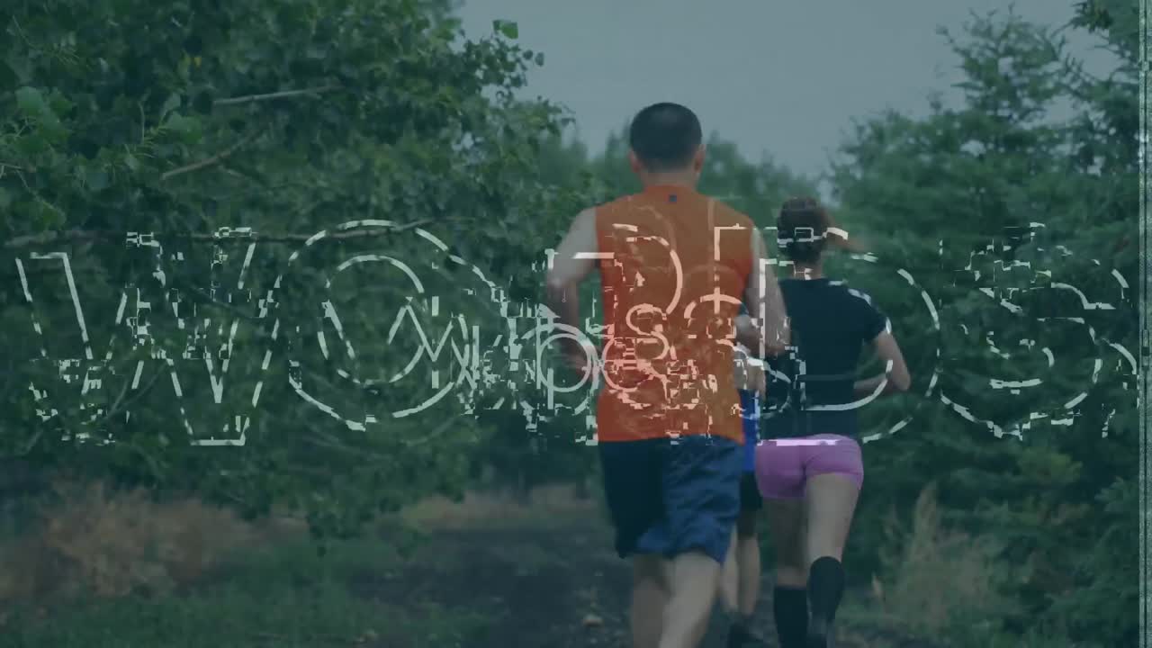 야외에서 달리거나 운동하는 사람들의 그룹을 가로지르는 바이브 텍스트의 애니메이션