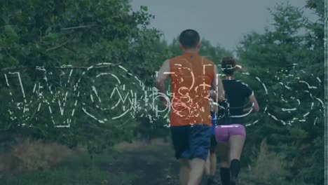 animation of vibes text over group of people running, exercising outdoors