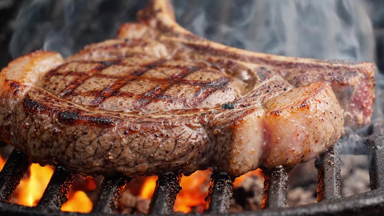 Perfezione Sfrigolante: Un Primo Piano di una Succulenta Bistecca alla Griglia sul Barbecue, Che Mostra i Segni della Griglia e il Fumo Saporito che si Disperde nell'Aria