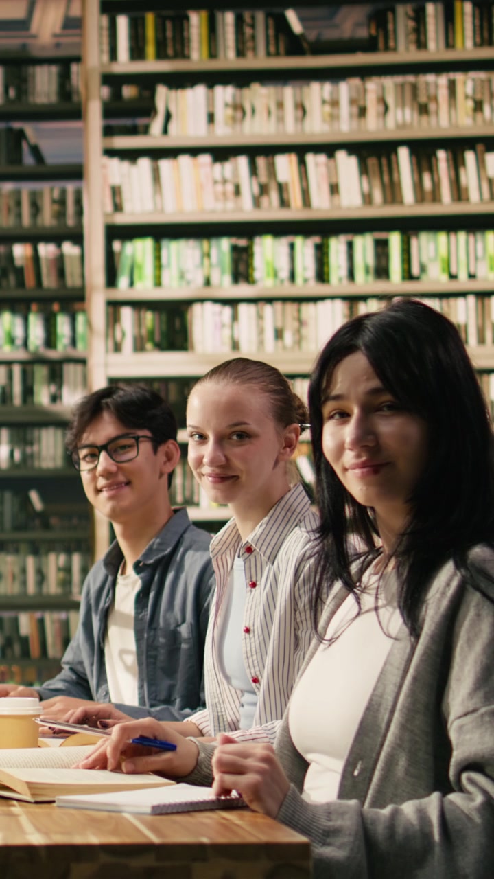Vertical Video Portrait of smiling students and adult tutor sit together in library