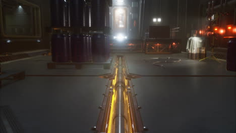 brightly lit industrial corridor with glowing elements and machinery in view