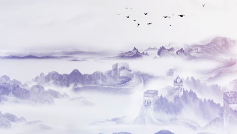 mysterious landscape china's traditional oriental digital art animation, chinese retro painting ink misty mountain with flowers, tree, birds, river in fog background