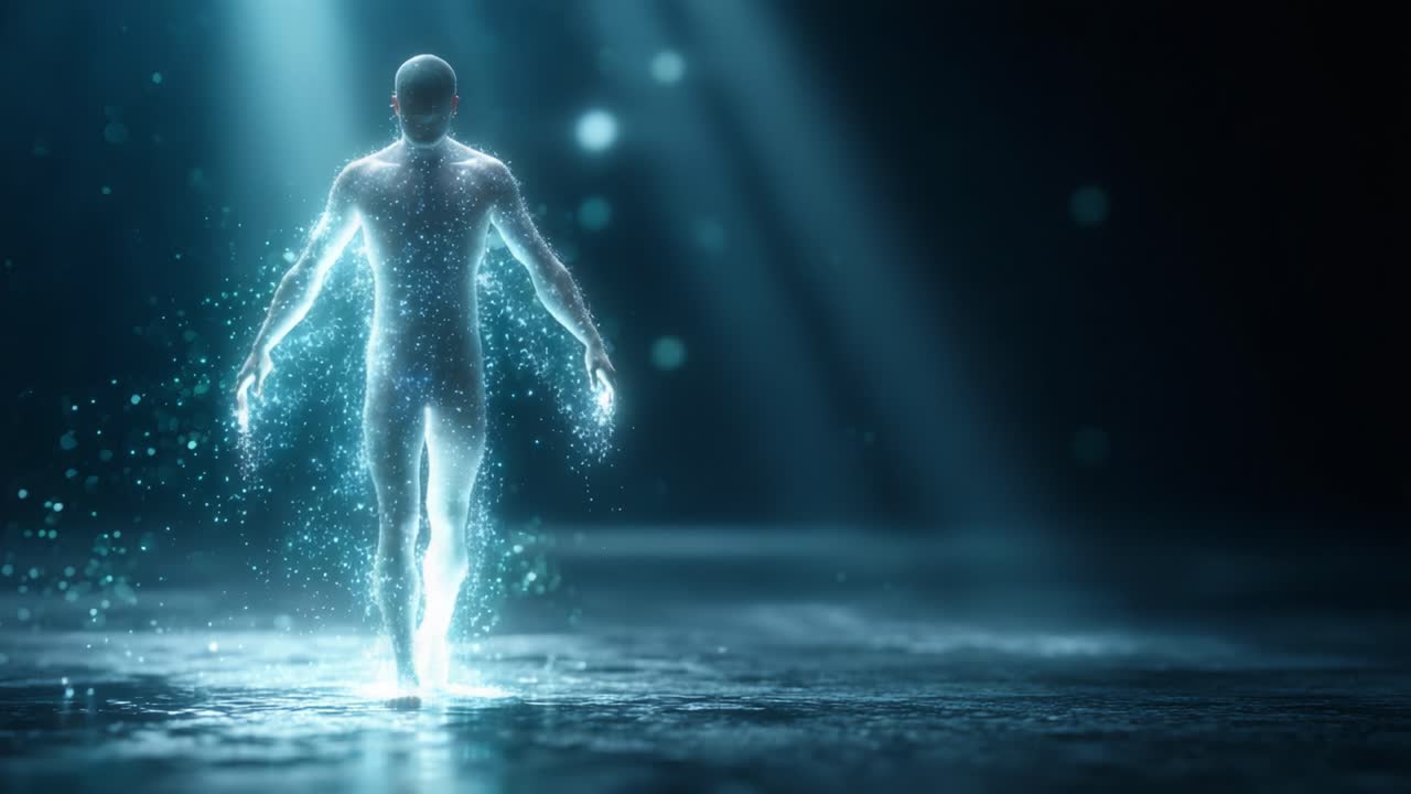 Ethereal Being Emerging from Light and Water, Symbolizing Transformation and Spiritual Journey through a Mystical Environment of Luminescent Particles