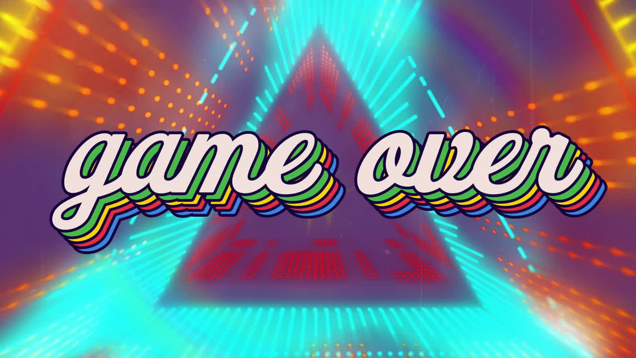 Game over text animation over neon triangle and light effects