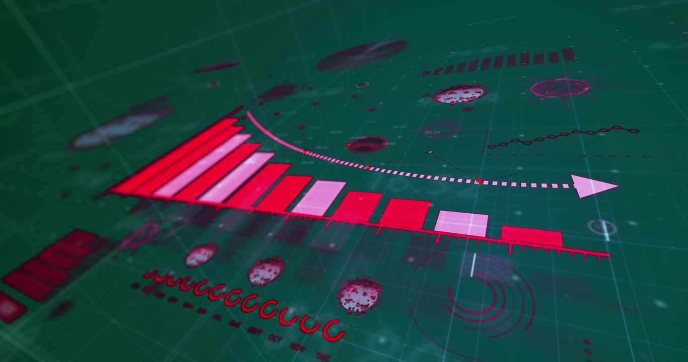 Digital animation shows COVID-19 data processing on a global scale.