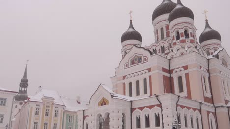 orthodox church alexander nevski during a heavy snowfall in tallinn in winter