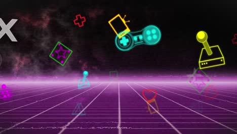 animation of various colourful consoles with geometric and cross shapes moving over grid pattern