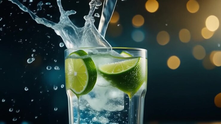 Ice Cube Dropping into a Glass of Lime Water with Splash