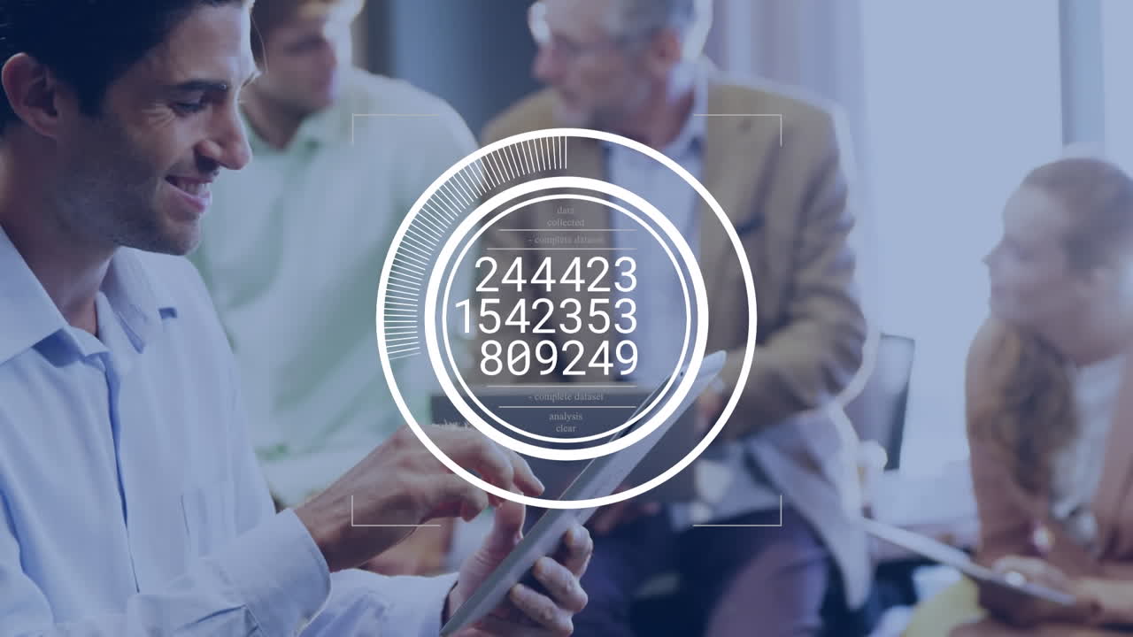 Animation of changing numbers in loading circles over smiling caucasian man using digital tablet