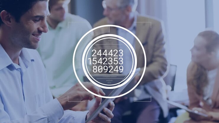 Animation of changing numbers in loading circles over smiling caucasian man using digital tablet