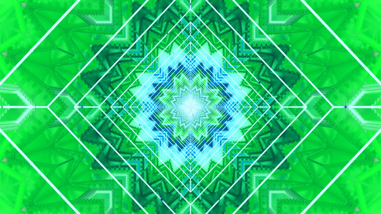A mesmerizing tunnel effect displays dynamic geometric shapes weaving together in vibrant shades of green and blue, creating a captivating seamless loop perfect for screensavers