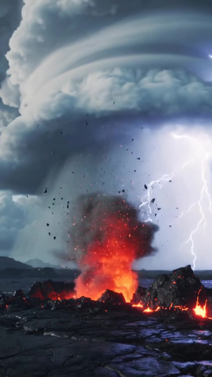 Video verticale: Sfiato eruttivo che invia lava e cenere in una nuvola temporalesca su un campo di lava, con fulmini.