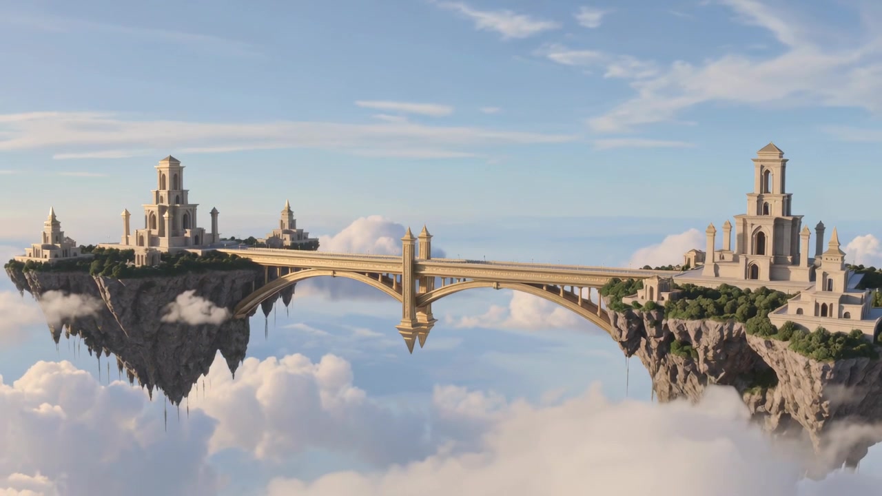 Lenta carrellata della telecamera che rivela isole gemelle fluttuanti, un ponte ad arco dorato nel cielo, evidenziando i dettagli.