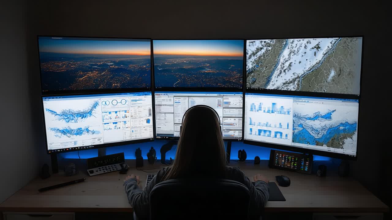 A Focused Individual Engaged with Multiple Monitors, Analyzing Data and Visualizations in an Advanced Technological Workspace, Surrounded by Informative Displays