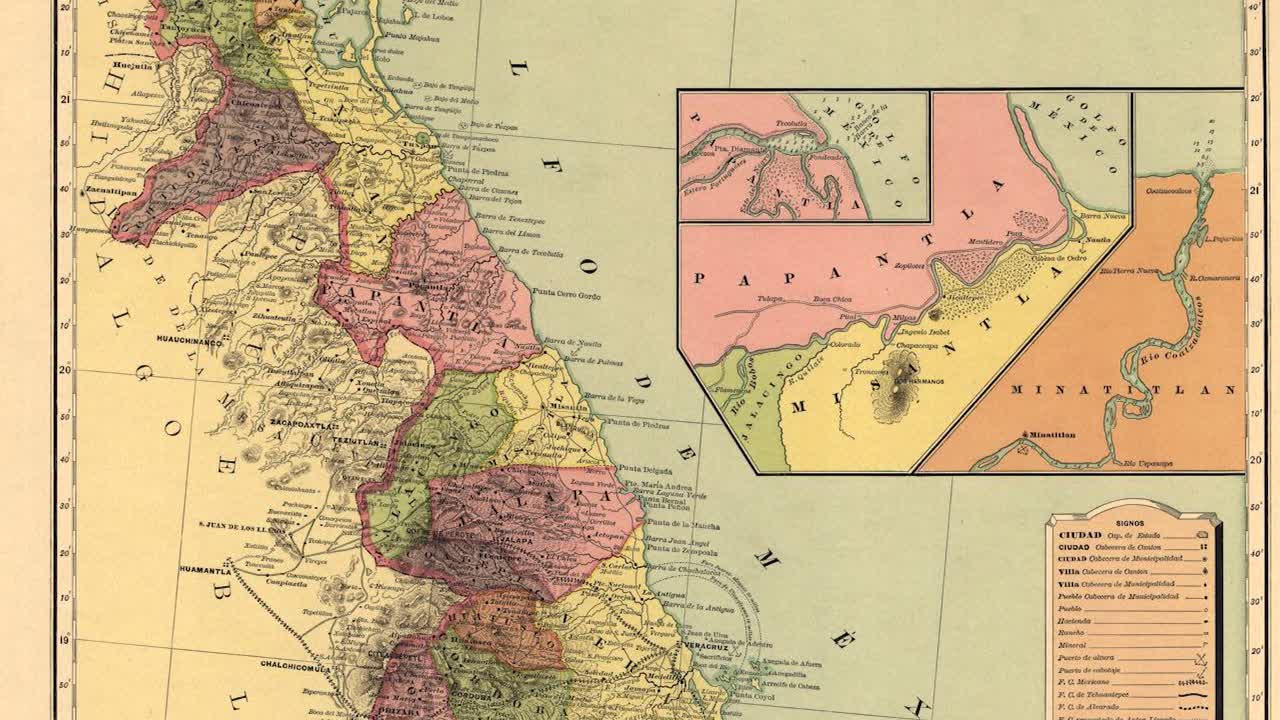 mapa antiguo del siglo xix del estado de veracruz y el puerto de veracruz en méxico