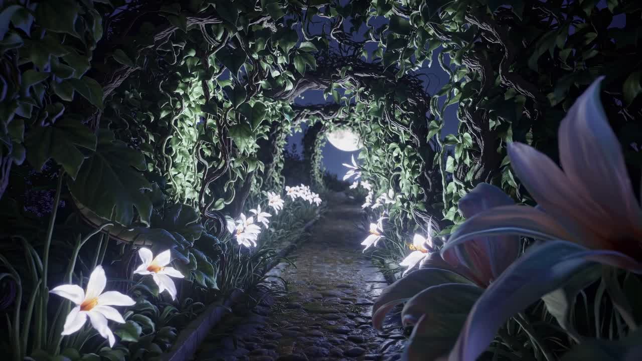 A mystical garden path under moonlight, framed by glowing flowers and vines