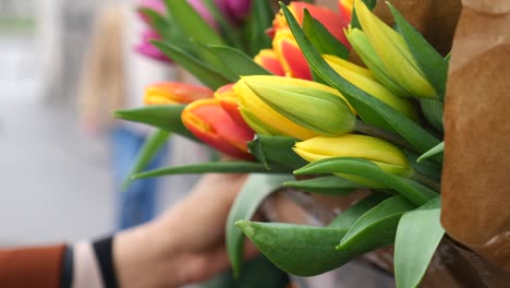 una mujer sostiene un ramo de tulipanes de colores