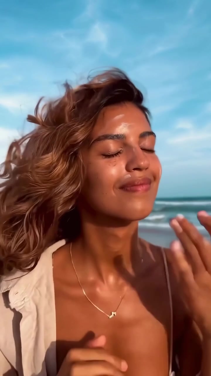 Happy Woman Applying Sunscreen to Her Face at the Beach