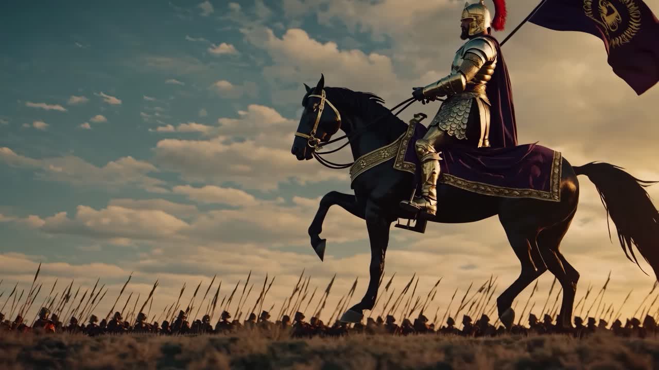 Low-angle video shot of a medieval knight on horseback, holding a sword against a bright sky