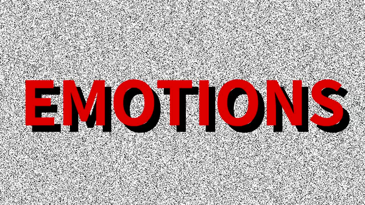 Emotions. Word about man problem on noisy old screen. Loop VHS interference. Vintage animated background. 4K video