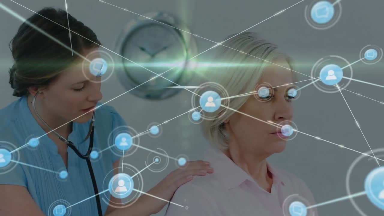 animación de la red de conexiones a través de la mujer médica caucásica con la mujer paciente.