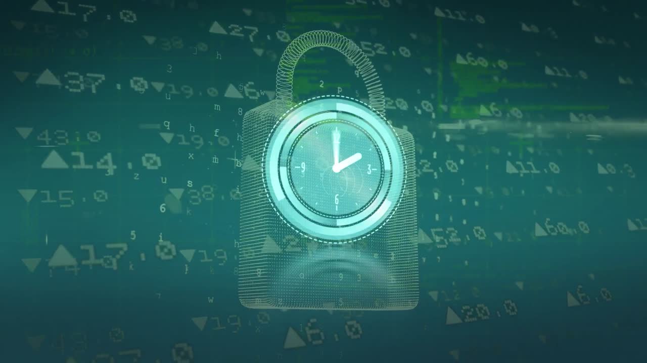 animación de un reloj móvil y un candado digital sobre un fondo verde con datos financieros