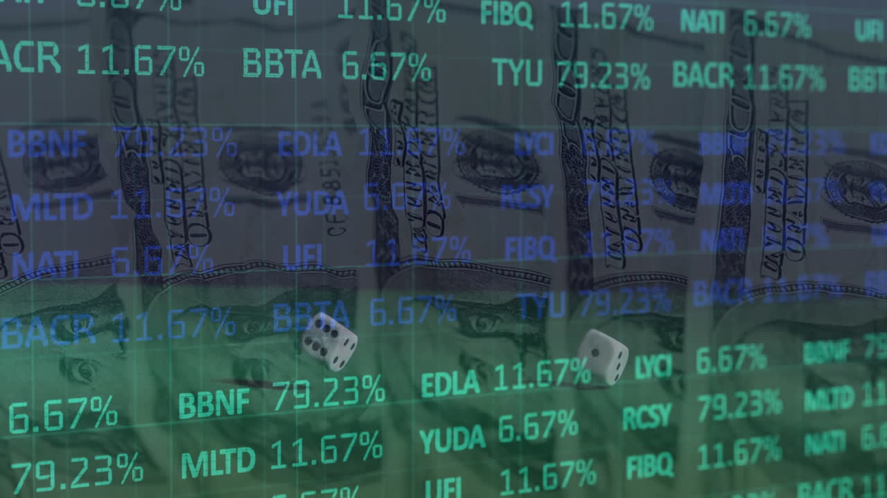 Animation of financial data processing over two dice and american dollar bills on green background