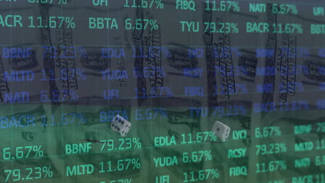 animación del procesamiento de datos financieros sobre dos dados y billetes de dólares estadounidenses en fondo verde
