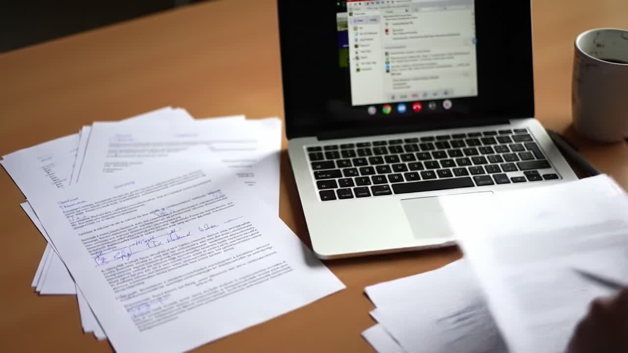A Focused Work Session: Exploring Productivity with Papers, Laptop, and Coffee Cup on a Wooden Desk