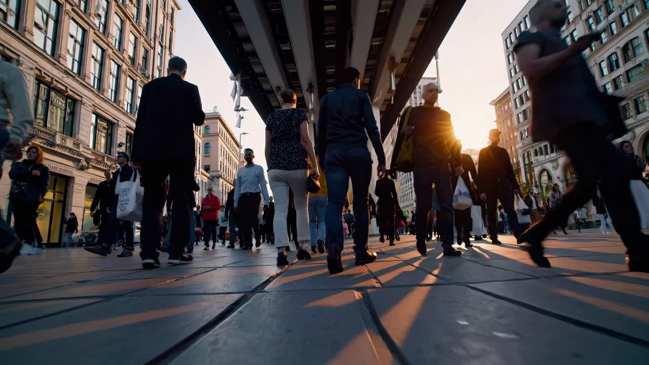 Video dinamico di scena di strada con una vista dal basso che cattura una folla vivace sotto un ponte