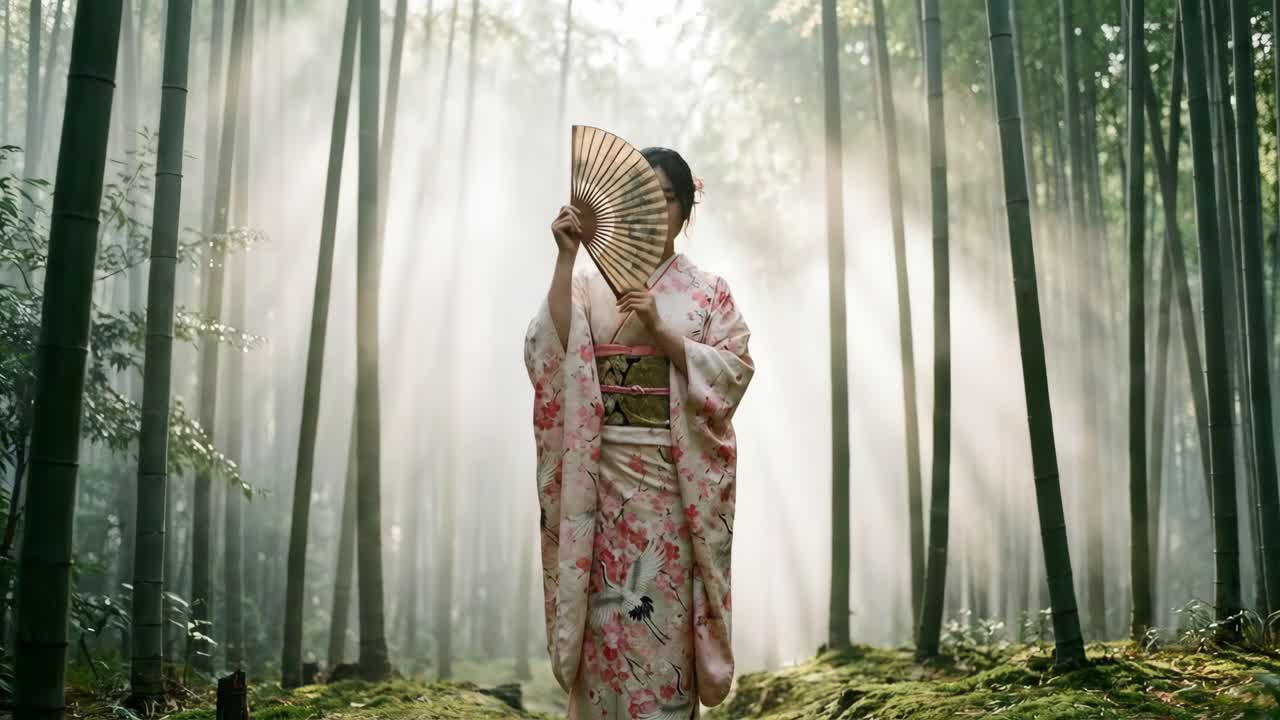 Donna in kimono nella foresta di bambù