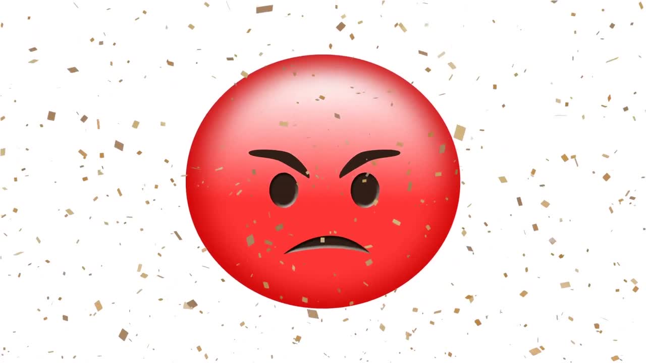 Digital animation of golden confetti falling over red angry face emoji on white background