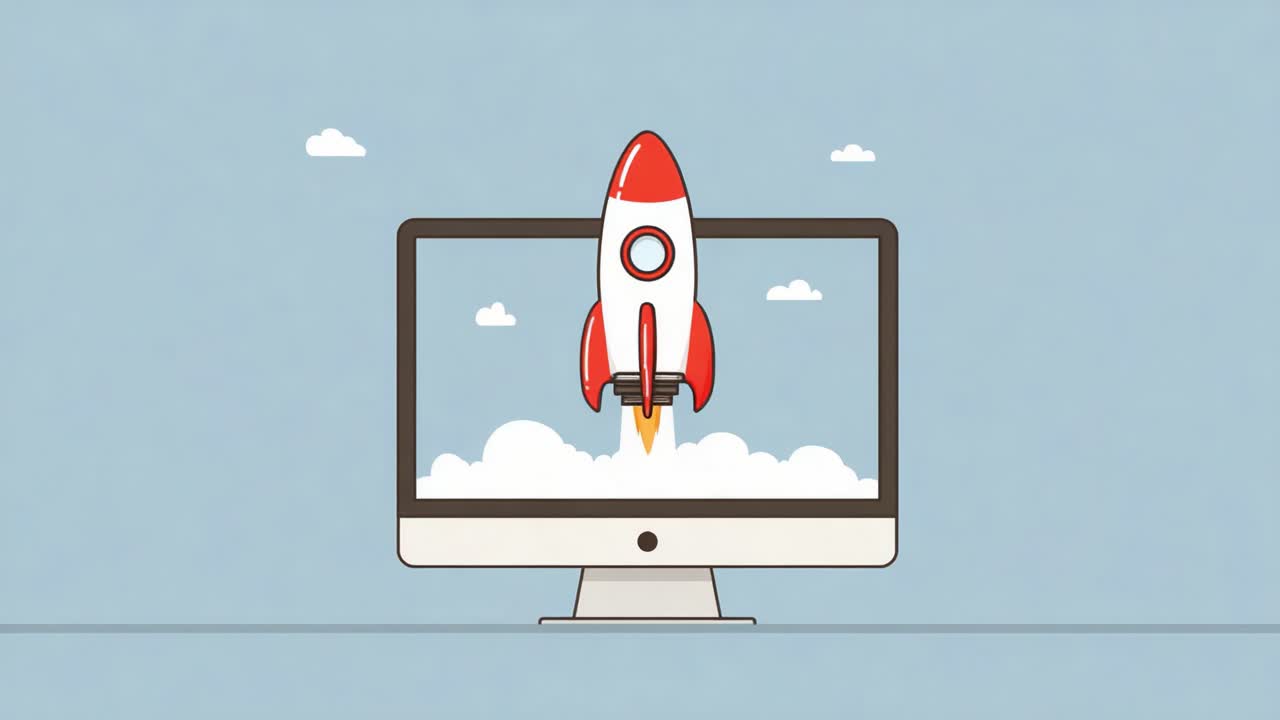 A vibrant illustration depicting a rocket launching from a computer screen, symbolizing innovation and technology advancement in a digital era