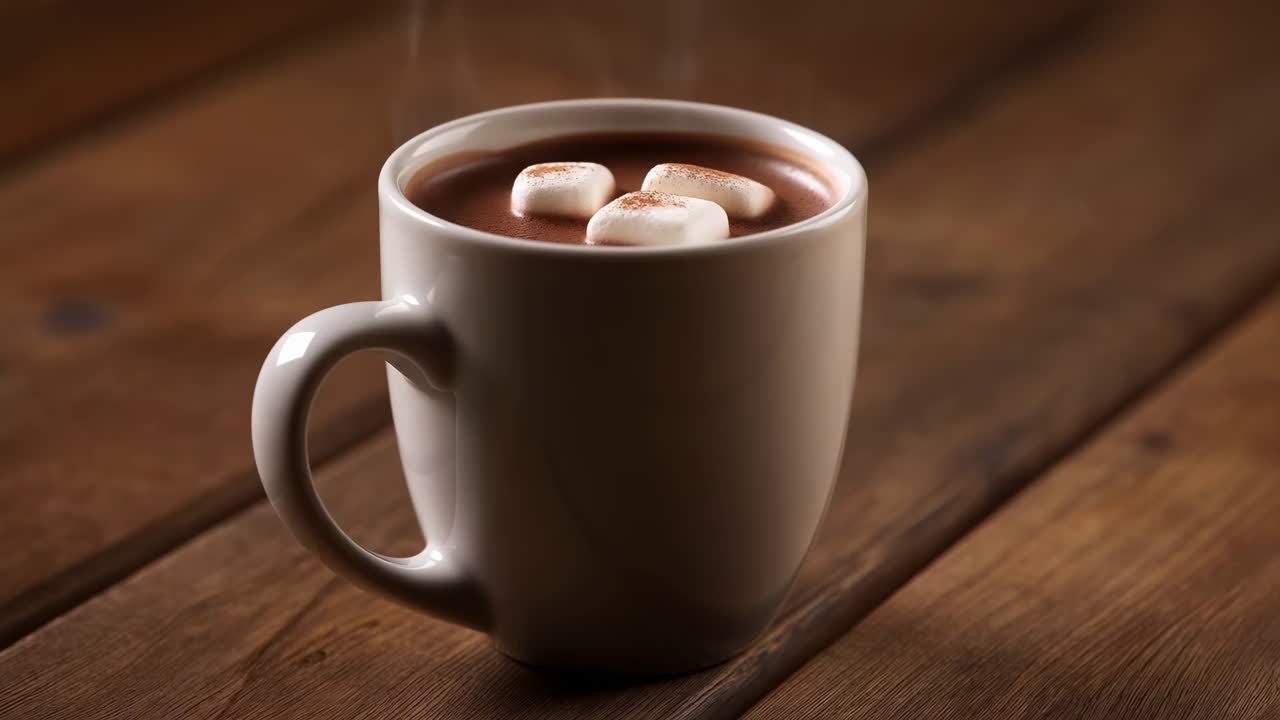 Cioccolata calda fumante con marshmallow su un tavolo di legno