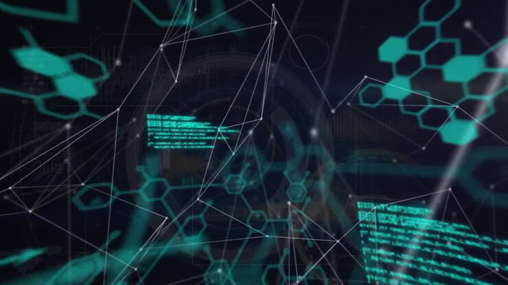 Animation of chemical formulas and brain over connections on black background