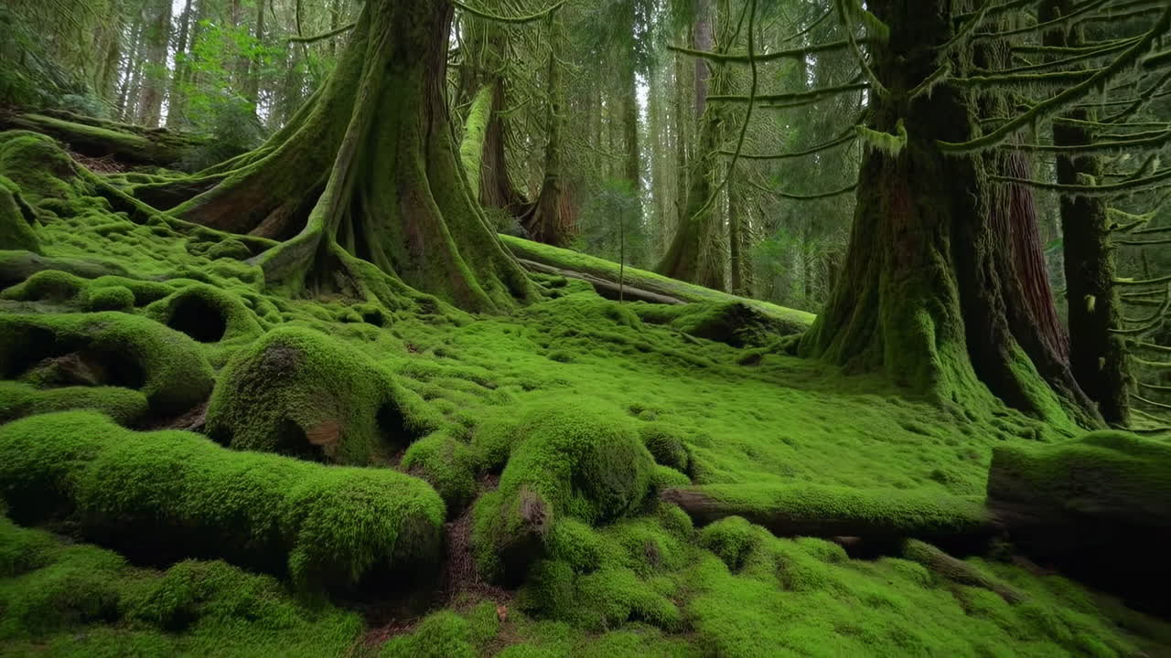 Rigogliosa foresta verde con alberi ricoperti di muschio