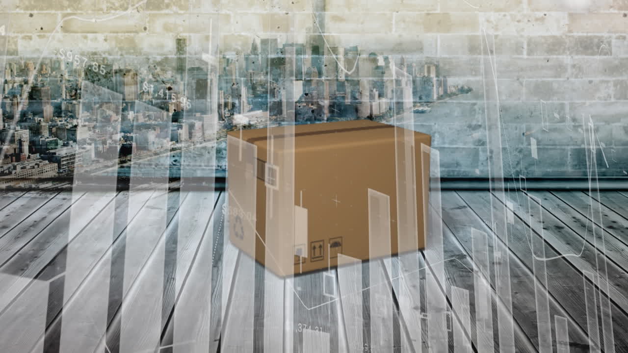 animación del procesamiento de estadísticas sobre cajas de cartón y paisajes urbanos