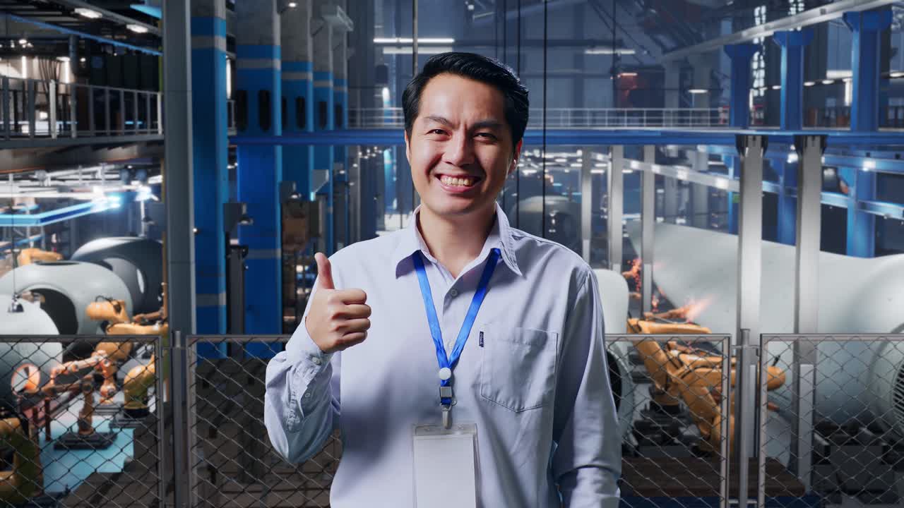 아시아 남성 직업 노동자가 풍력 터빈 공장 앞에 서서 카메라를 향해 넓은 미소를 짓고 엄지손가락을 들고 있습니다.